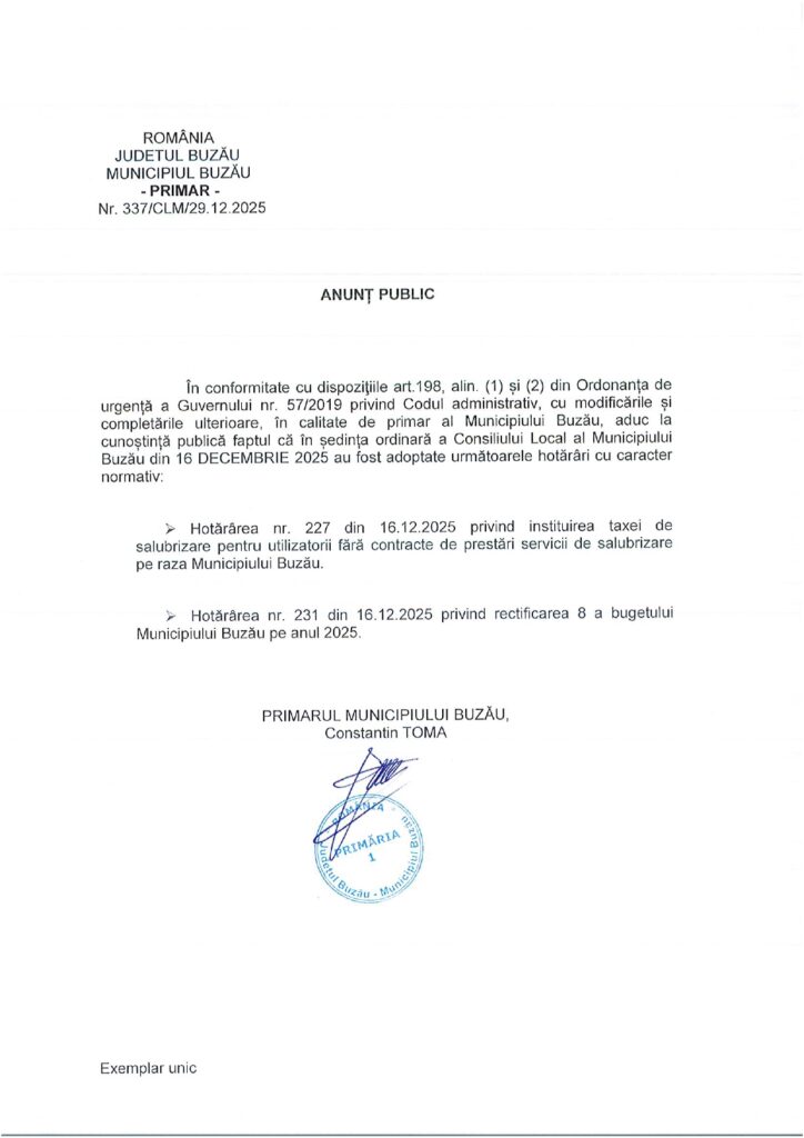 hotărări caracter normativ CLM Buzău 16 decembrie 2025