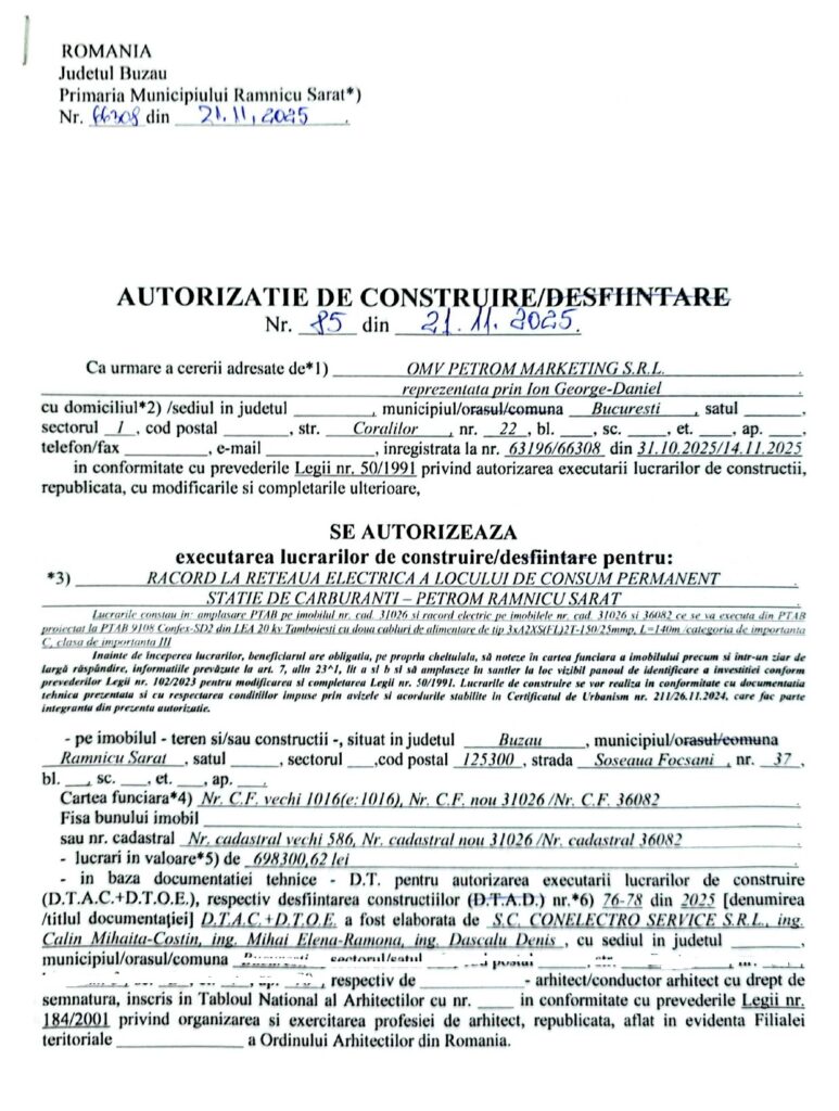 anunț autorizație construcție stație carburanți Petrom Râmnicu Sărat