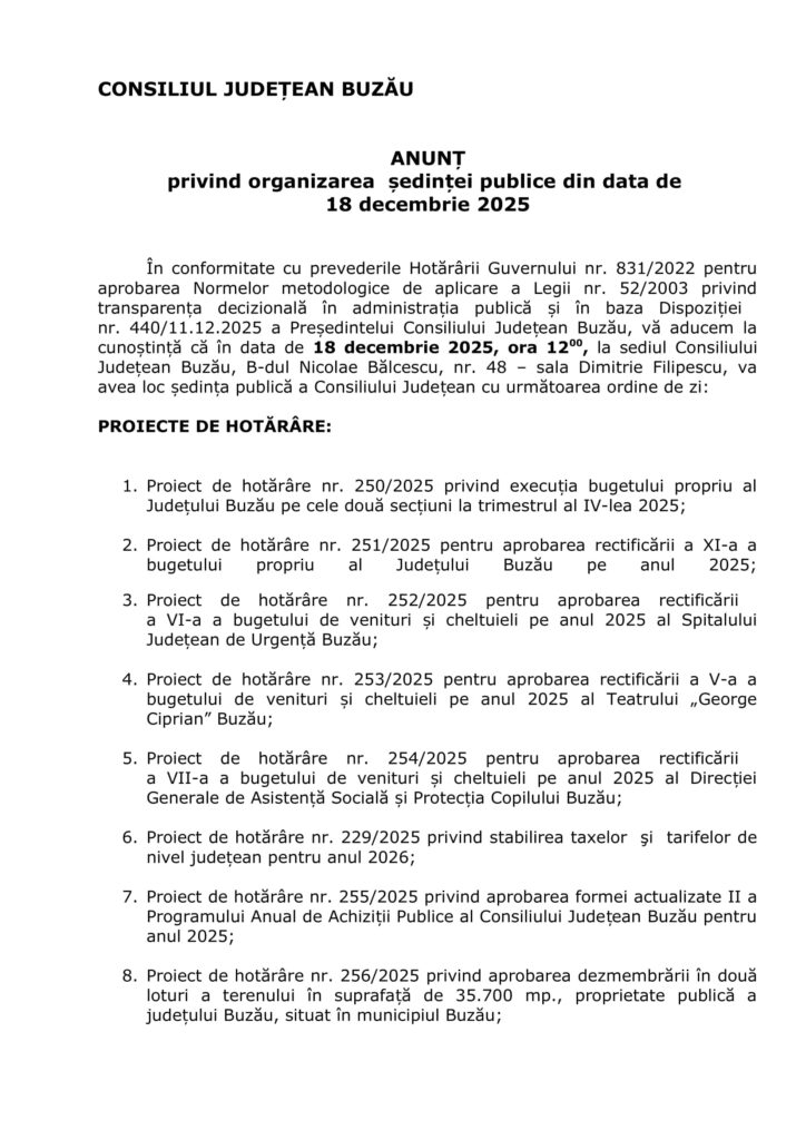 ultima ședință Consiliul Județean Buzău decembrie 2025