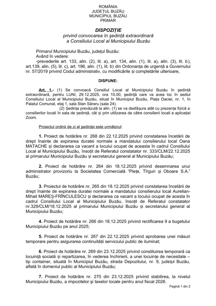 ședință extraordinară CLM Buzău decembrie 2025