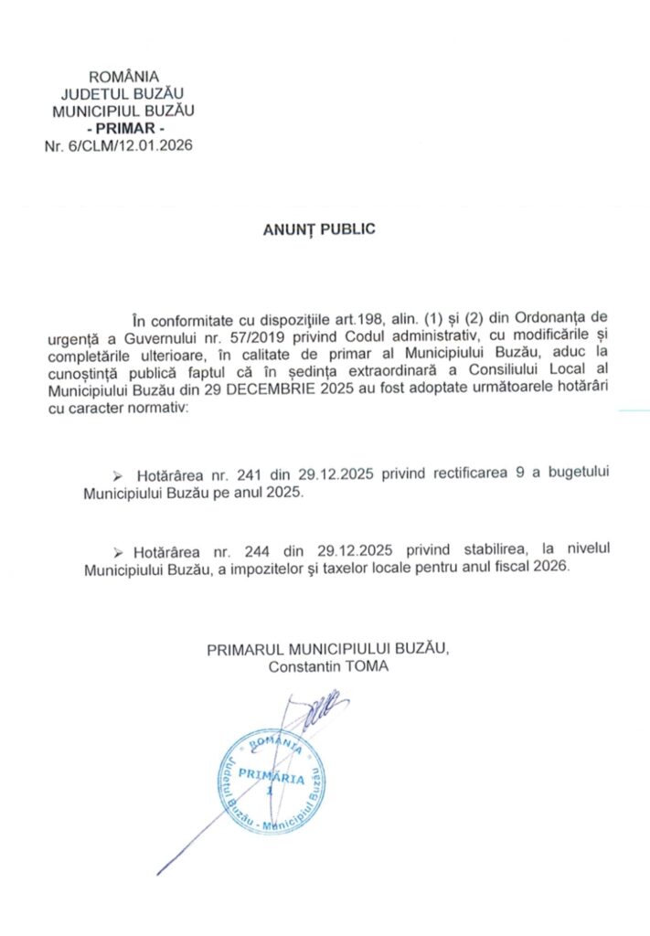anunț Primăria Buzău, hotărâri caracter normativ Buzău