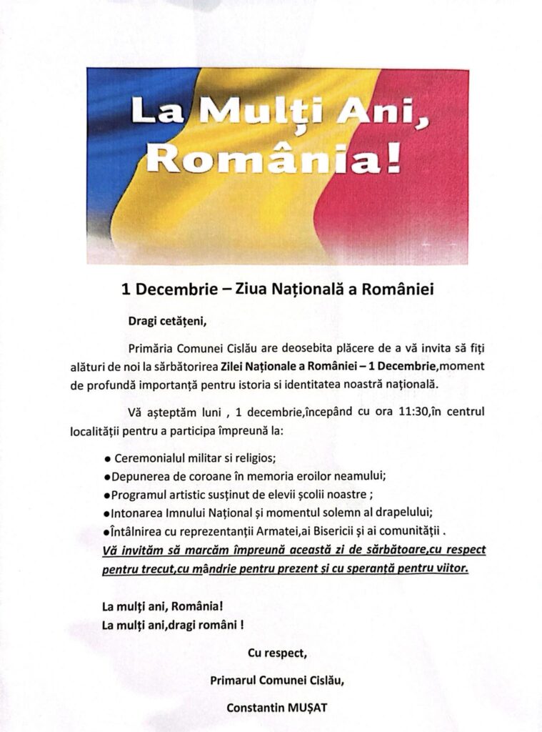 manifestări Ziua Națională Cislău 2025, program manifestări Cislău 1 Decembrie 2025