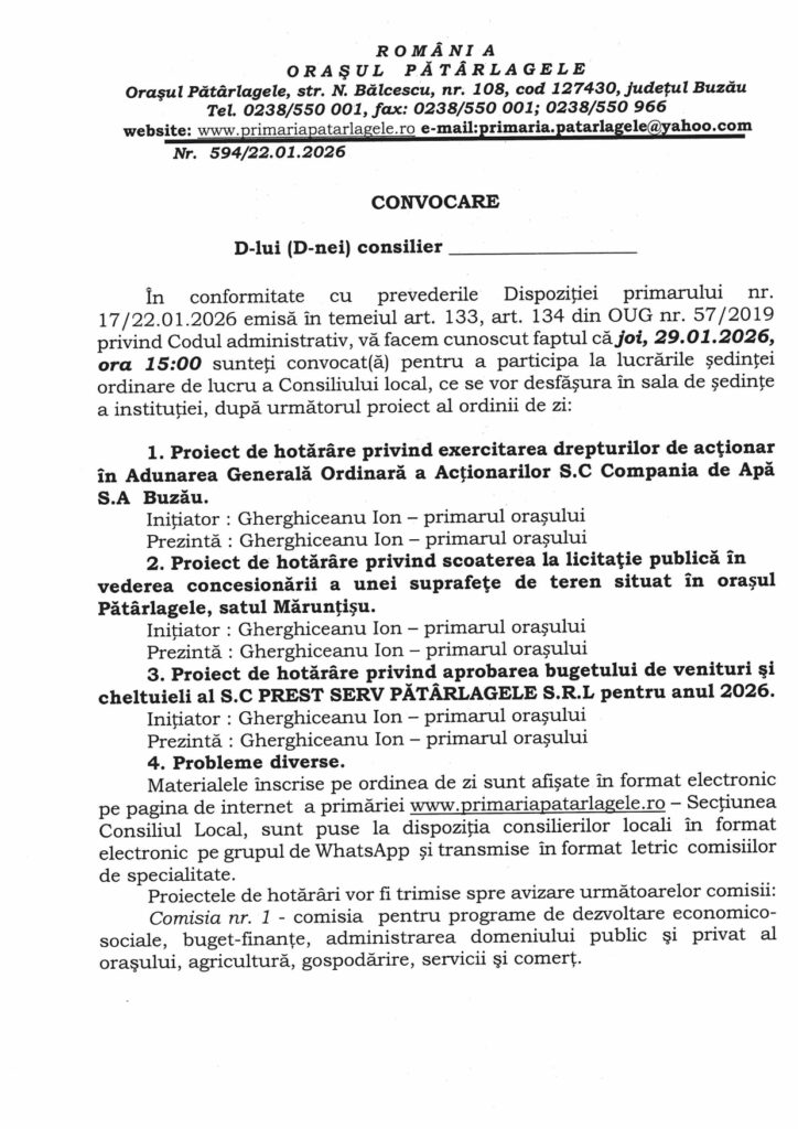 ședință Consiliul Local Orășenesc Pătârlagele