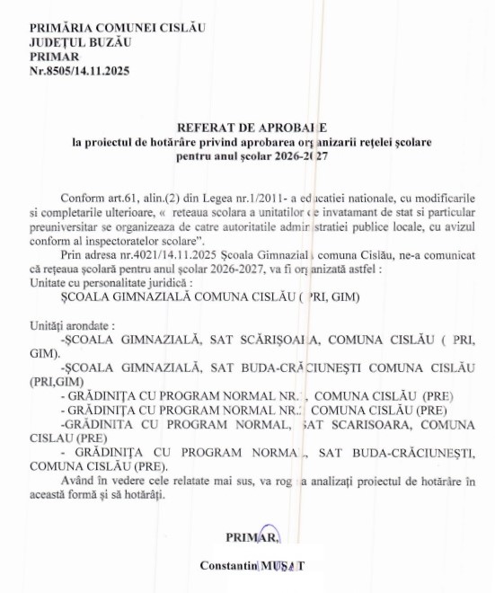 rețea școlară 2026 - 2027 Consiliul Local Cislău