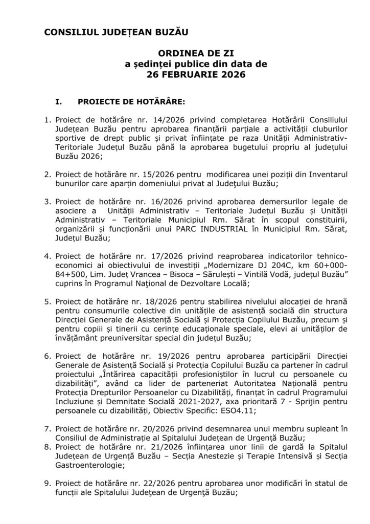 ședință Consiliul Județean Buzău februarie 2026