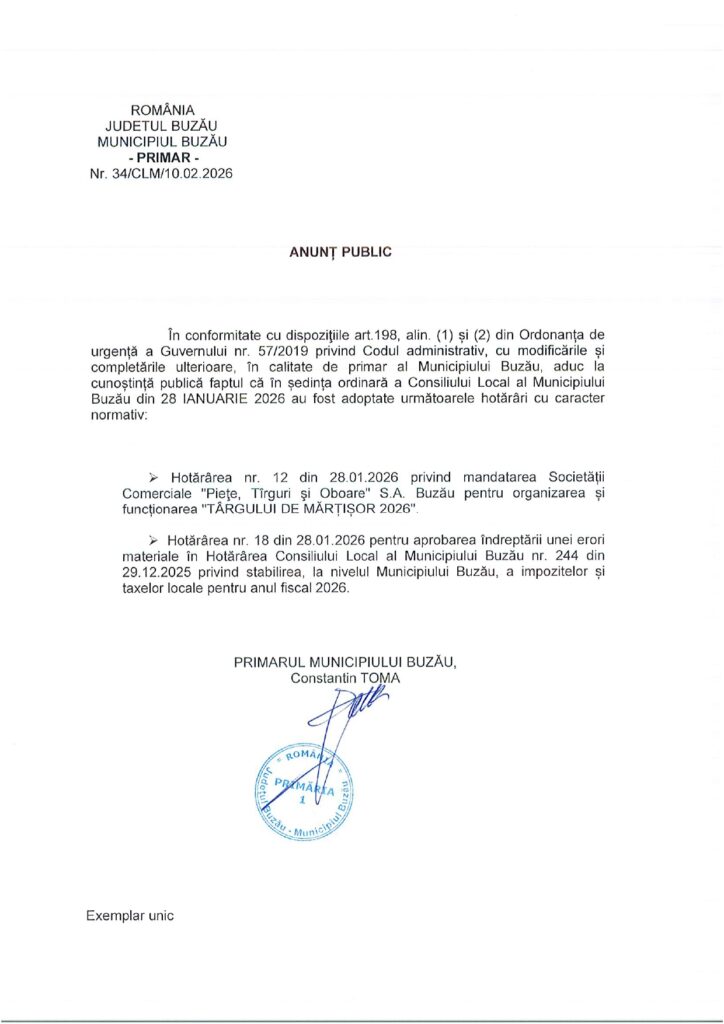 Primăria Buzău, ANUNȚ PUBLIC. Hotărârile cu caracter normativ adoptate în ședința CLM Buzău din 28 ianuarie 1 anunț public Primăria Buzău, hotărâri caracter normativ CLM Buzău 28 ianuarie