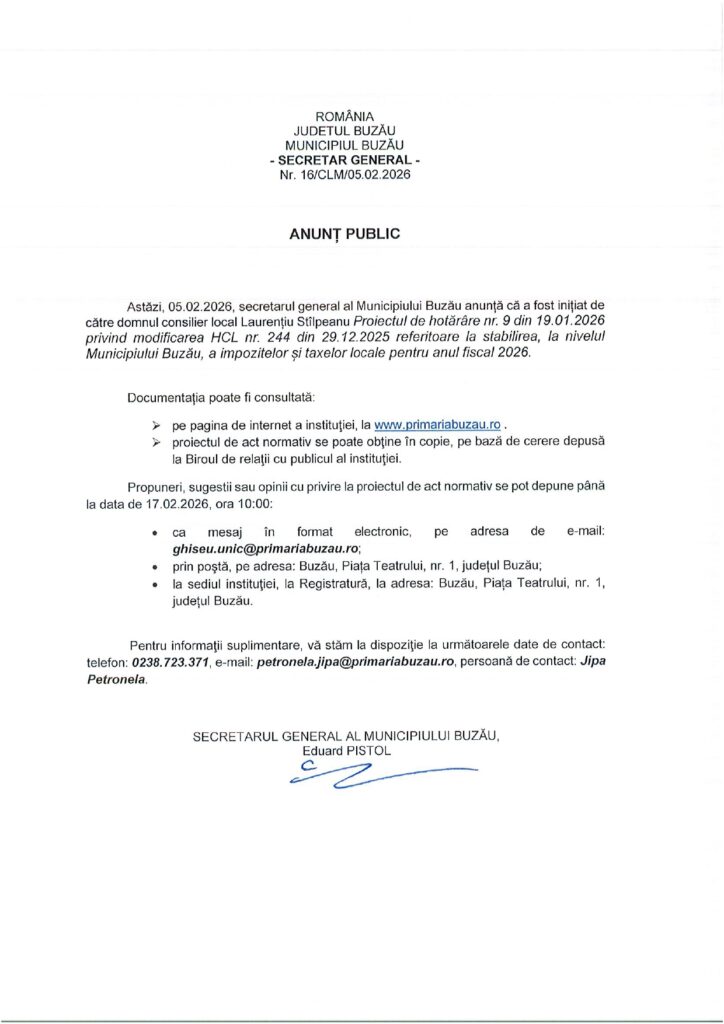 ANUNȚ PUBLIC. Proiect de hotărâre privind modificarea HCL referitoare la stabilirea impozitelor și taxelor locale pe 2026 1 anunț public Primăria Buzău, proiect de hotărâre CLM Buzău taxe și impozite