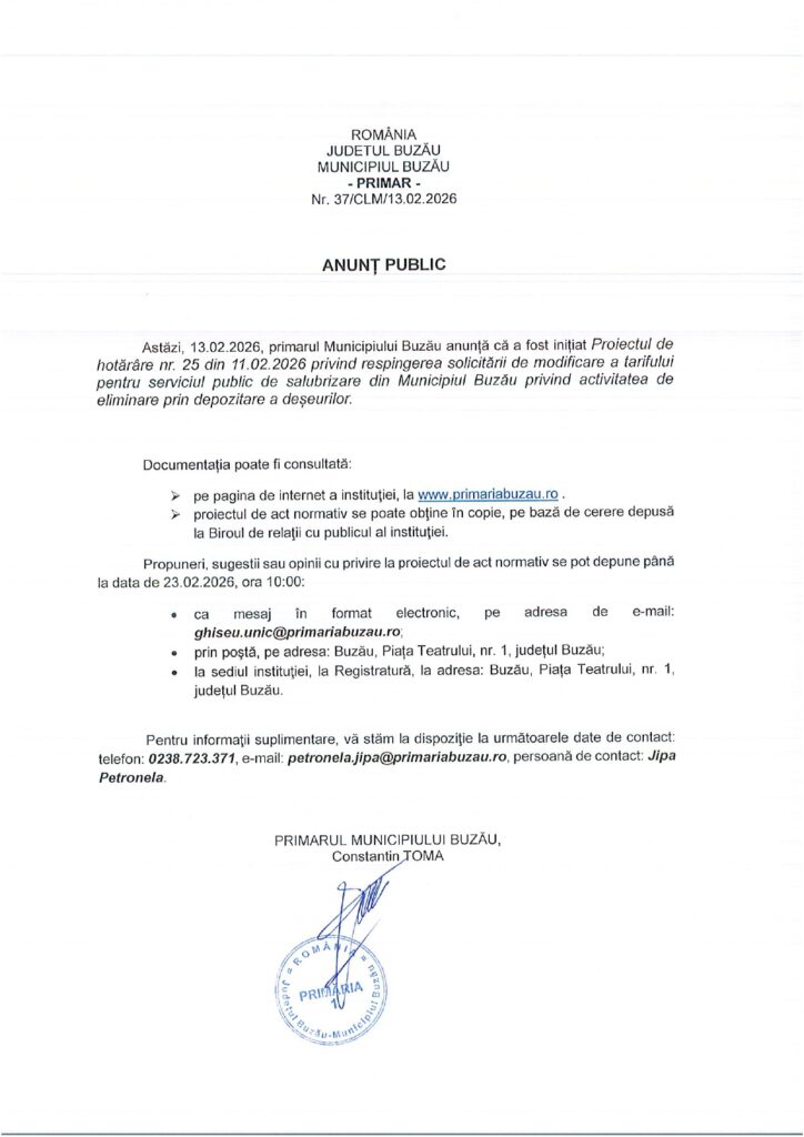 Primăria Buzău respinge scumpirea serviciului de salubrizare pentru activitatea de eliminare prin depozitare a deşeurilor 1 depozitare deşeuri, Primăria Buzău anunţ public