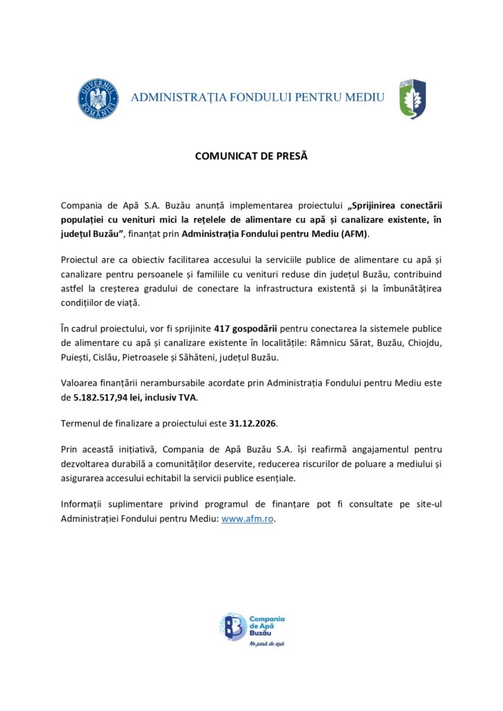 comunicat de presă Compania de Apă Buzău, proiect sprijinire populație venituri mici conectare apă și canalizare