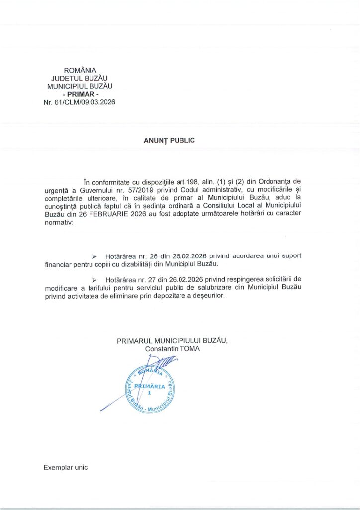 hotărâri caracter normativ CLM Buzău 26 februarie 2026
