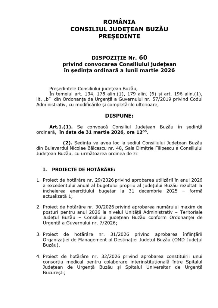 proiecte ordine de zi ședință CJ Buzău martie 2026, ședință ordinară martie 2026 Consiliul Județean Buzău