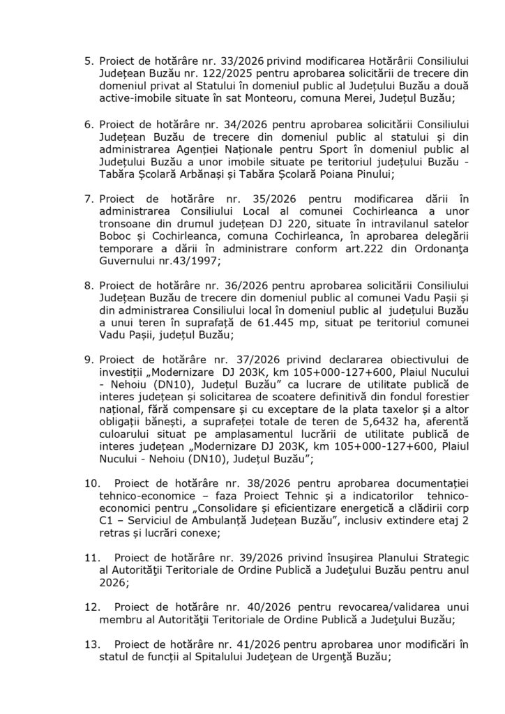 proiecte ordine de zi ședință CJ Buzău martie 2026, ședință ordinară martie 2026 Consiliul Județean Buzău