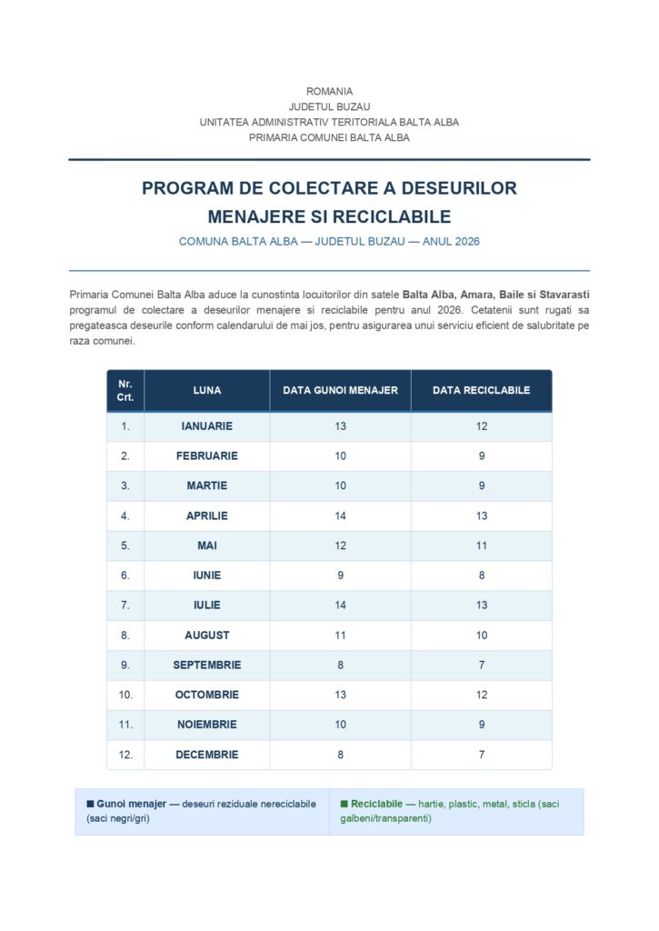 BALTA ALBĂ. Programul de colectare a deșeurilor menajere și reciclabile pe 2026 1 Anunț Primăria Balta Albă, program colectare deșeuri comuna Balta Albă