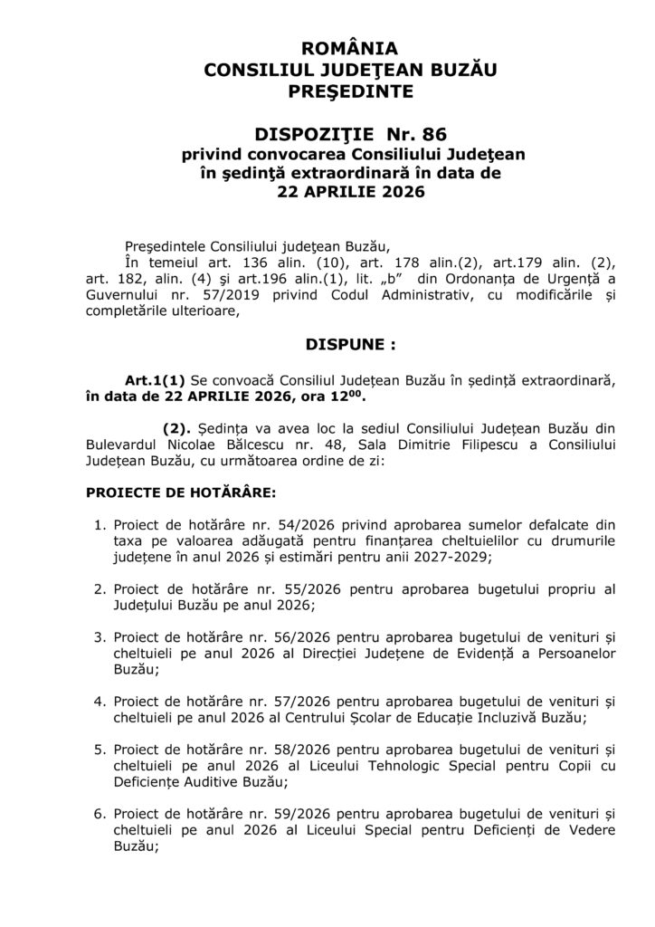 proiect de buget 2026 Consiliul Județean, ședință extraordinară Consiliul Județean Buzău