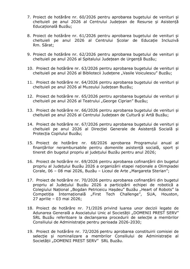 proiect de buget 2026 Consiliul Județean, ședință extraordinară Consiliul Județean Buzău