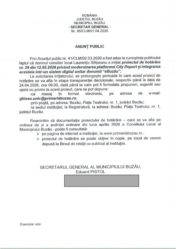 ANUNȚ PUBLIC. Dezbatere prelungită pentru proiectul privind platforma City Report 1 anunț public Primăria Buzău, proiect platformă City Report Buzău