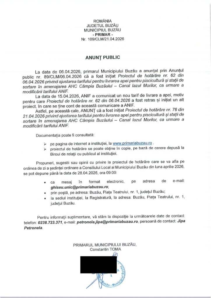 anunț Primăria Buzău tarif Canalul Iazul Morilor
