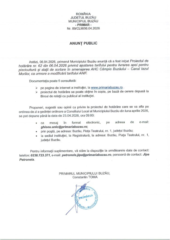 anunț public Primăria Buzău tarif apă Iazul Morilor