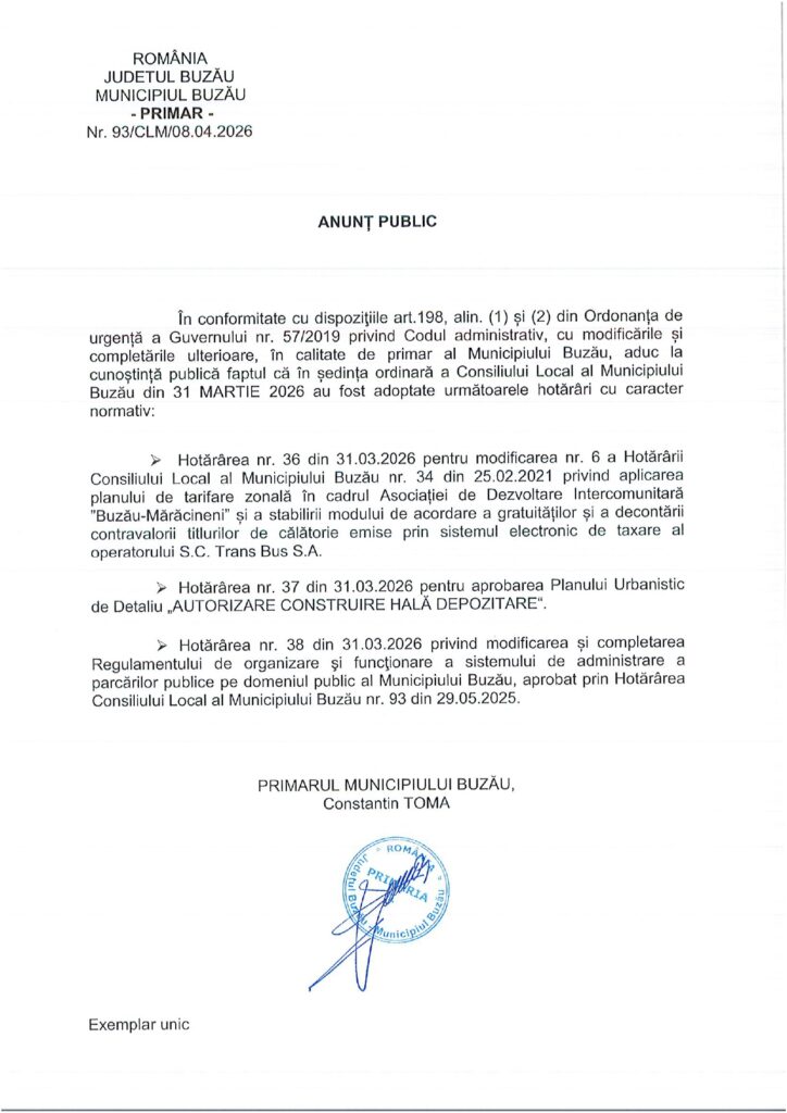hotărâri caracter normativ CLM Buzău martie 2026