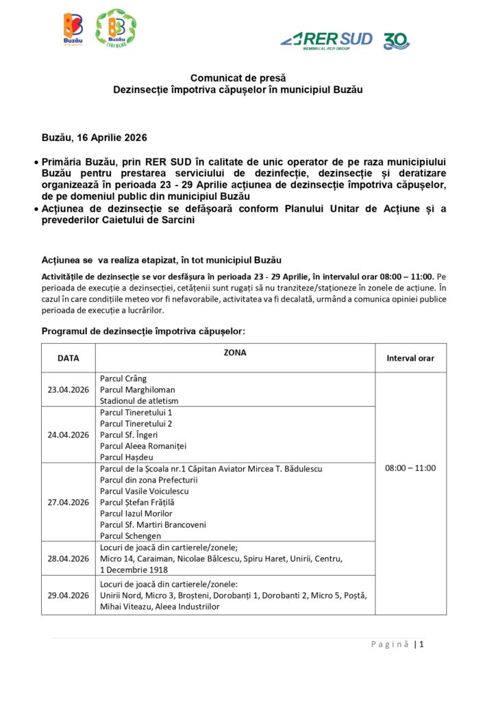 anunț Primăria Buzău, program dezinsecție Buzău, program dezinsecție împotriva căpușelor Buzău