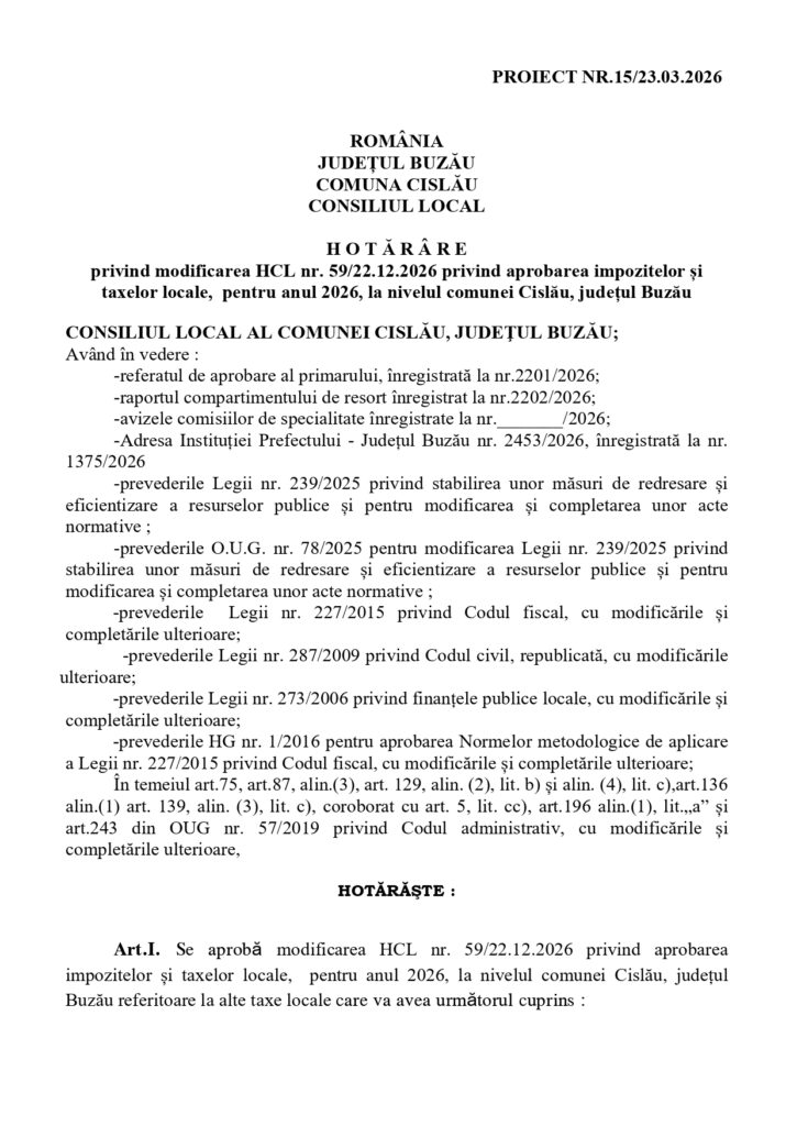 modificare taxe impozite locale Cislău, Primrăia Cislău taxe și impozite locale