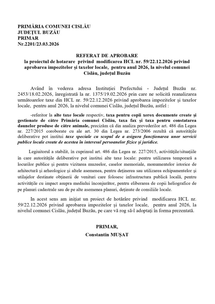 modificare taxe impozite locale Cislău, Primrăia Cislău taxe și impozite locale
