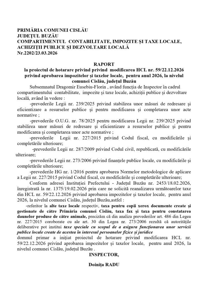 modificare taxe impozite locale Cislău, Primrăia Cislău taxe și impozite locale