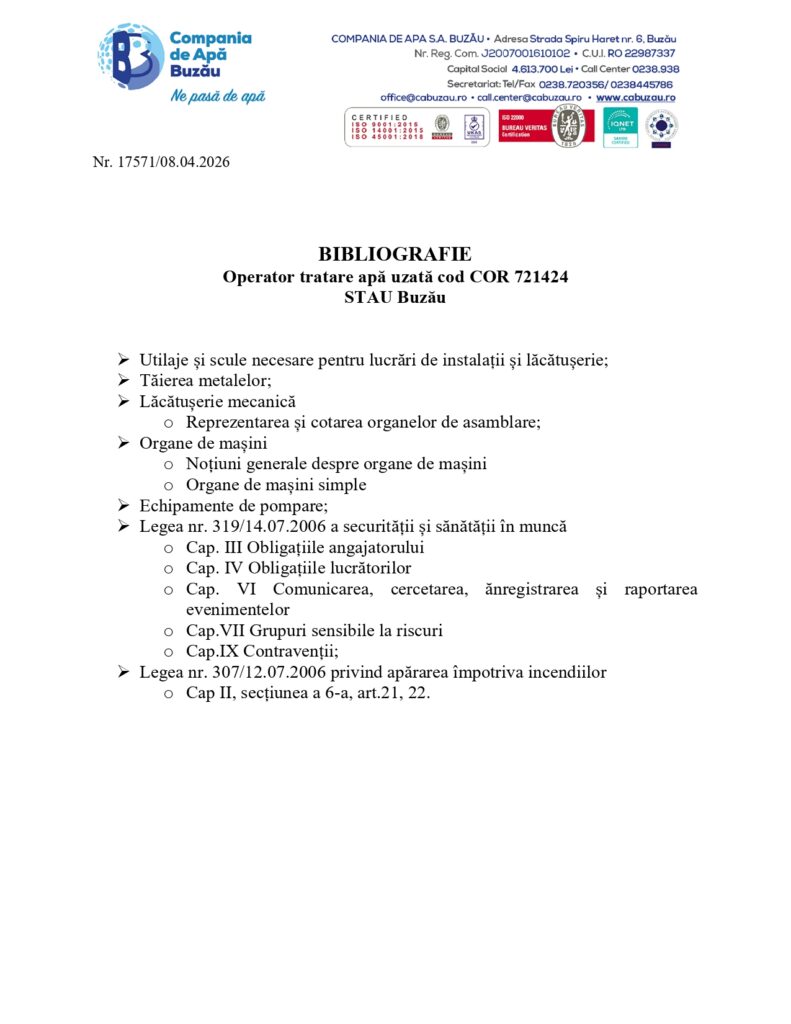 angajări Compania de Apă Buzău, Concurs Compania de Apă Buzău, operator tratare apă uzată Compania de Apă Buzău