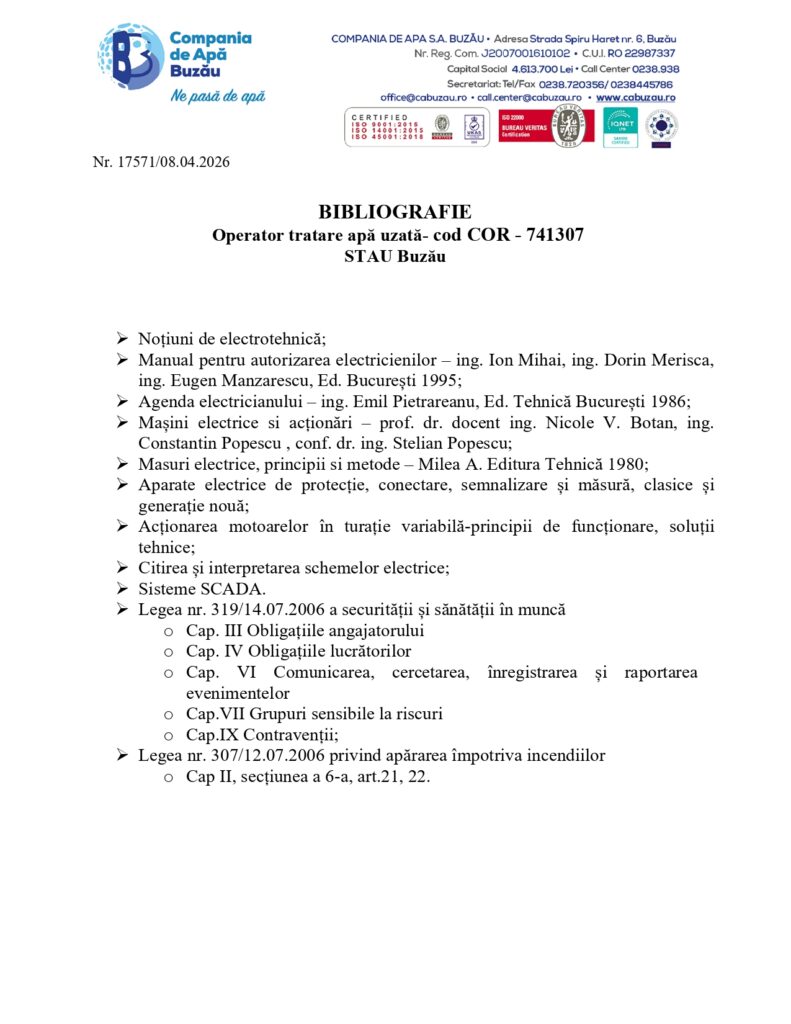 angajări Compania de Apă Buzău, Concurs Compania de Apă Buzău, operator tratare apă uzată Compania de Apă Buzău