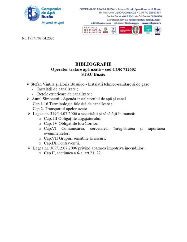angajări Compania de Apă Buzău, Concurs Compania de Apă Buzău, operator tratare apă uzată Compania de Apă Buzău