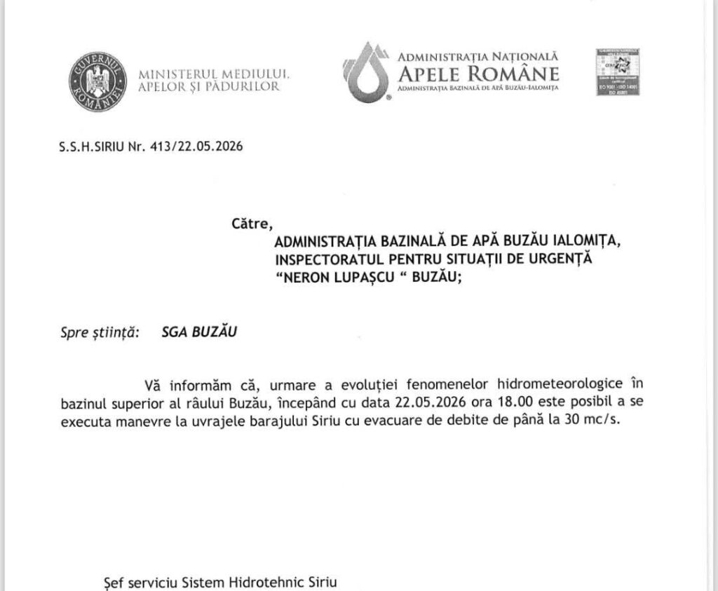 avertizare populație Valea Buzăului, manevre Baraj Siriu