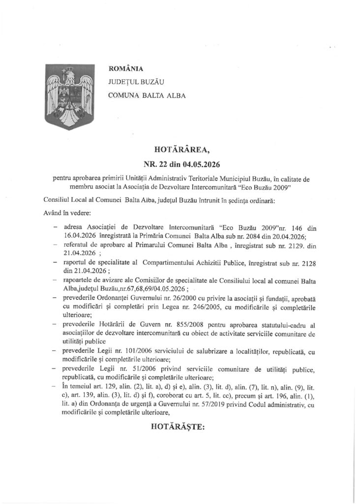 BALTA ALBĂ. Hotărâre de primire a Primăriei Buzău în Asociația Intercomunitară Eco Buzău 2009 1 hotărâre CL Balta Albă ECO Buzău 2026