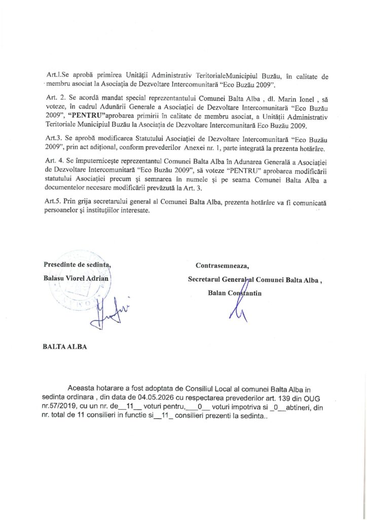 BALTA ALBĂ. Hotărâre de primire a Primăriei Buzău în Asociația Intercomunitară Eco Buzău 2009 2 hotărâre CL Balta Albă ECO Buzău 2026