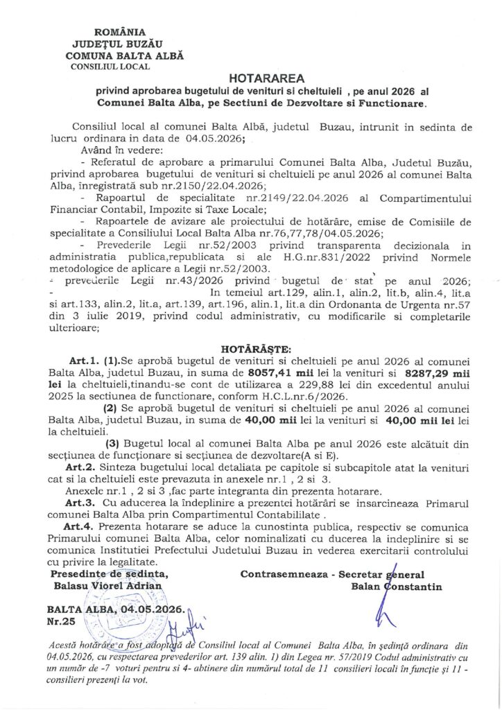 BALTA ALBĂ. A fost aprobat bugetul pe 2026 1 aprobare buget 2026 Primăria Balta Albă
