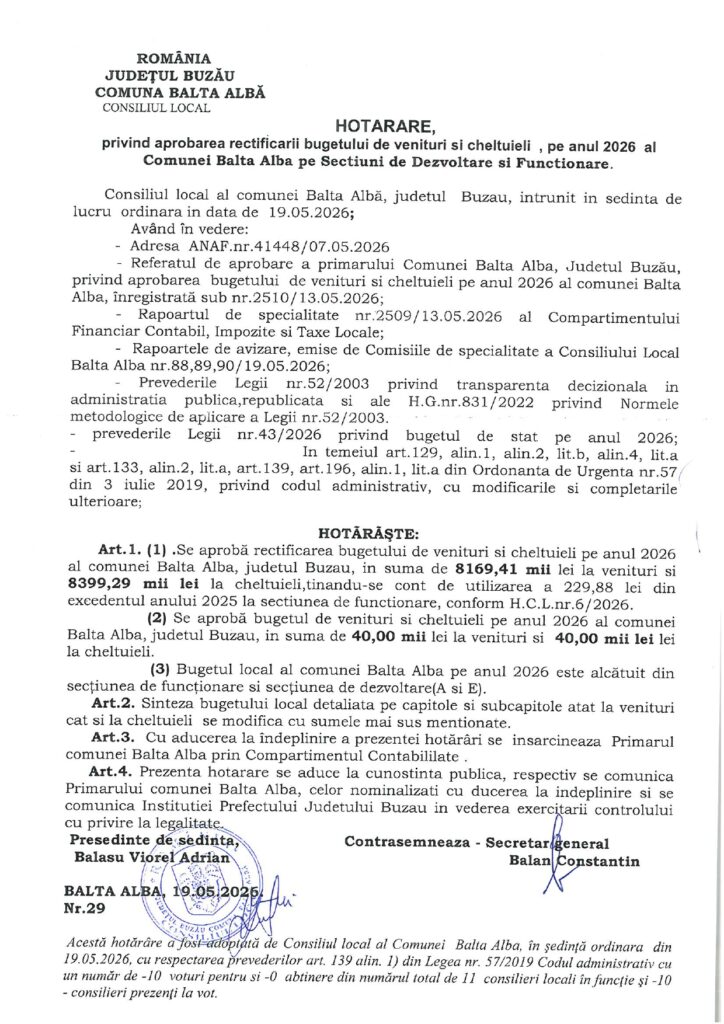 Rectificare bugetară la Primăria Balta Albă 1 rectificare bugetară Primăria Balta Albă