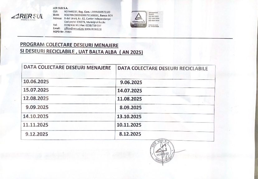 BALTA ALBĂ. Programul de colectare a deșeurilor 1 Anunț Primăria Balta Albă, program colectare deșeuri Balta Albă