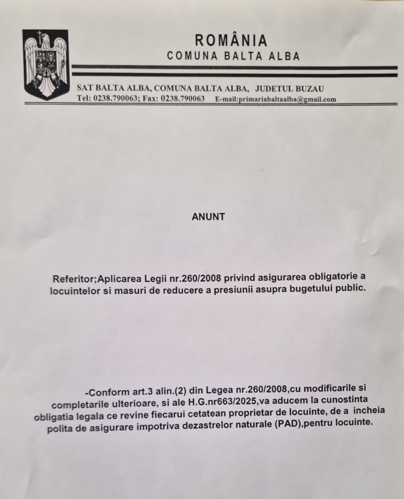 anunț asigurare obligatorie locuințe Balta Albă
