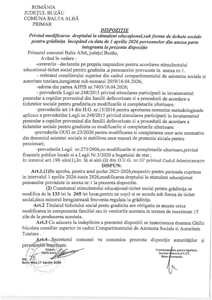 Primăria Balta Albă, stimulent tichet social grădiniță Balta Albă