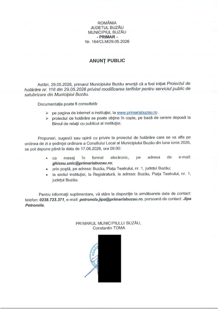 Se propune scumpirea tarifelor la gunoi, de la 1 iulie. Proiect în dezbatere 2 anunț Primăria Buzău, propunere scumpire gunoi Buzău