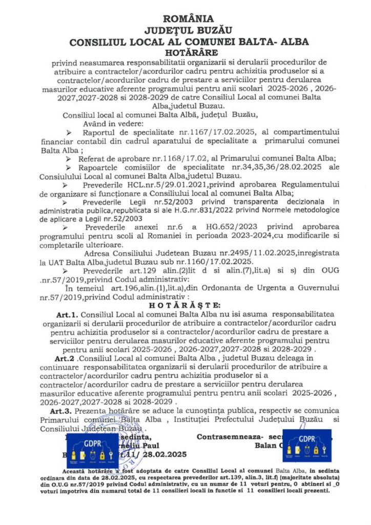 hotărâre Primăria Consiliul Local Balta Albă, neasumare Primăria Balta Albă