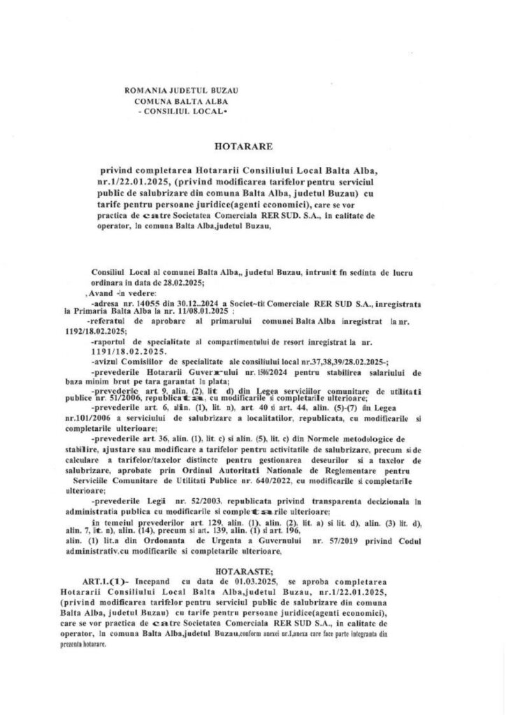 Anunț Primăria Balta Albă, taxă salubrizare agenți economici Balta Albă