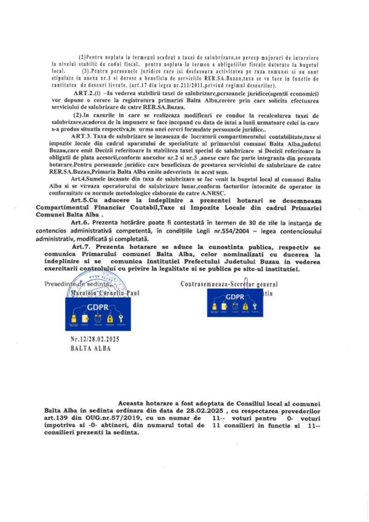 Anunț Primăria Balta Albă, taxă salubrizare agenți economici Balta Albă