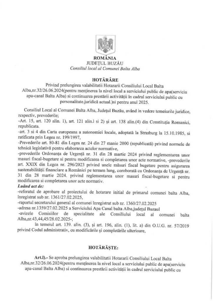 alimentare cu apă Balta Albă, Anunț Primăria Balta Albă