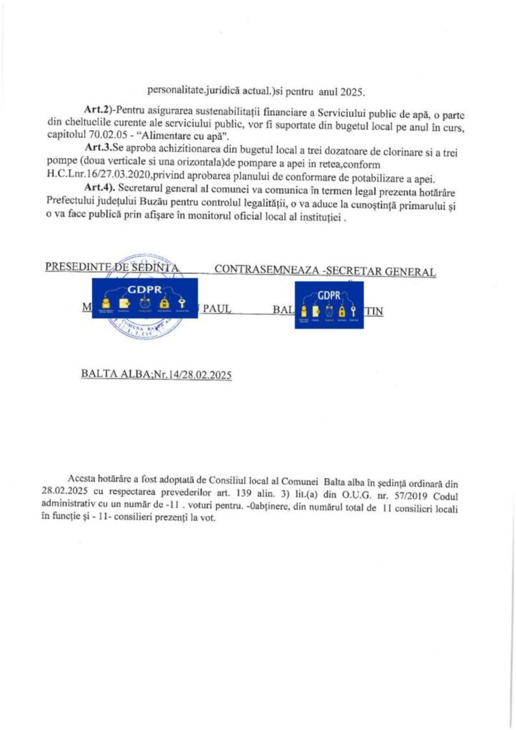 alimentare cu apă Balta Albă, Anunț Primăria Balta Albă