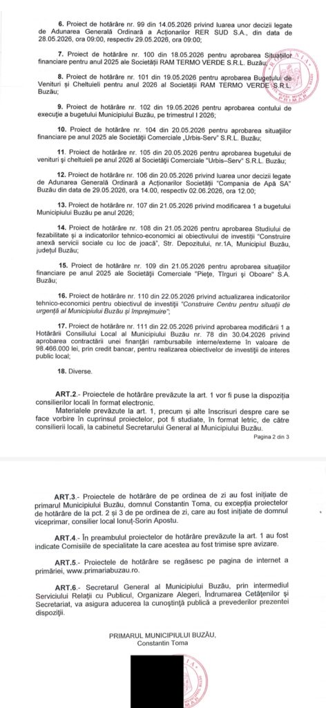 ședință ordinară CLM Buzău mai 2026