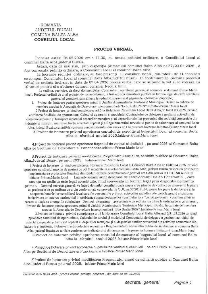 BALTA ALBĂ. Procesul verbal al ședinței Consiliului Local din 4 mai 2026 1 proces verbal ședință CL Balta Albă mai 2026