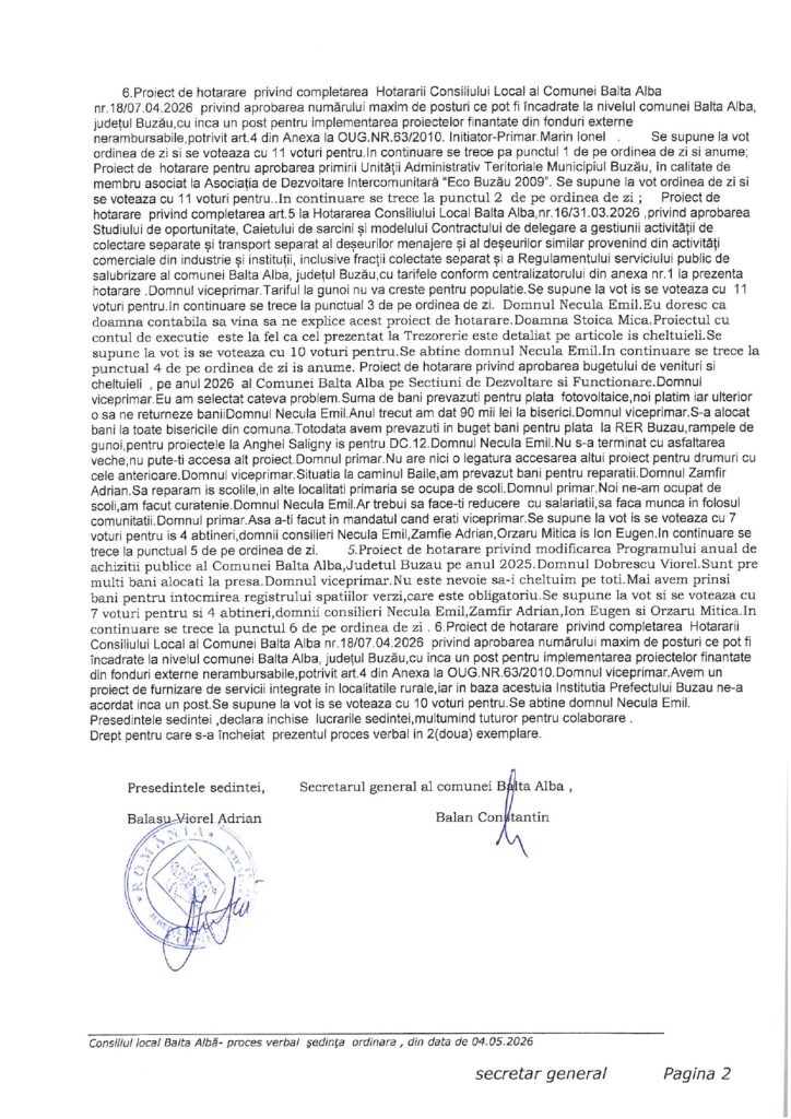 BALTA ALBĂ. Procesul verbal al ședinței Consiliului Local din 4 mai 2026 2 proces verbal ședință CL Balta Albă mai 2026