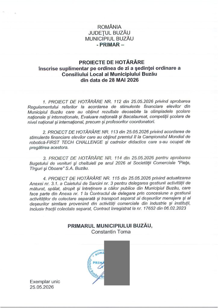 Proiecte suplimentare pentru ședința CLM Buzău de joi, 28 mai 1 anunț Primăria Buzău, proiecte suplimentare CLM Buzău 28 mai 2026, ședință CLM Buzău mai 2026