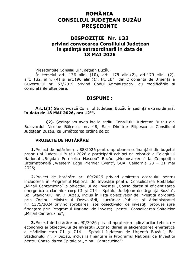 ședință extraordinară Consiliul Județean Buzău mai 2026