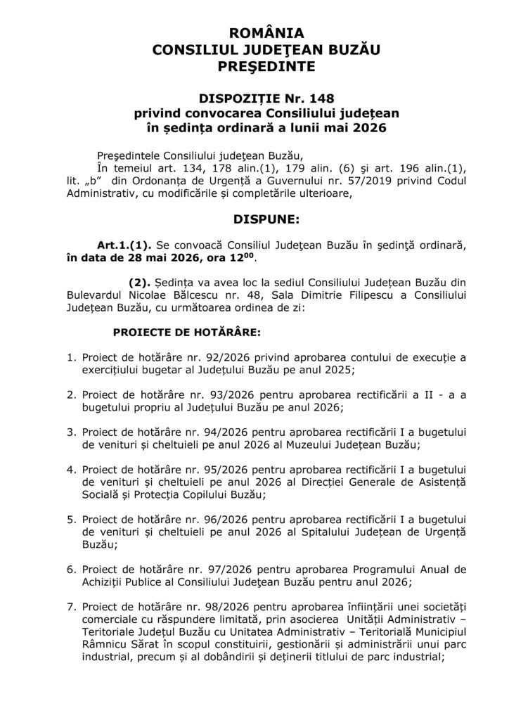 Ședință la Consiliul Județean. Ce proiecte sunt pe ordinea de zi de joi, 28 iunie 1 proiecte ședință Consiliul Județean Buzău mai 2026
